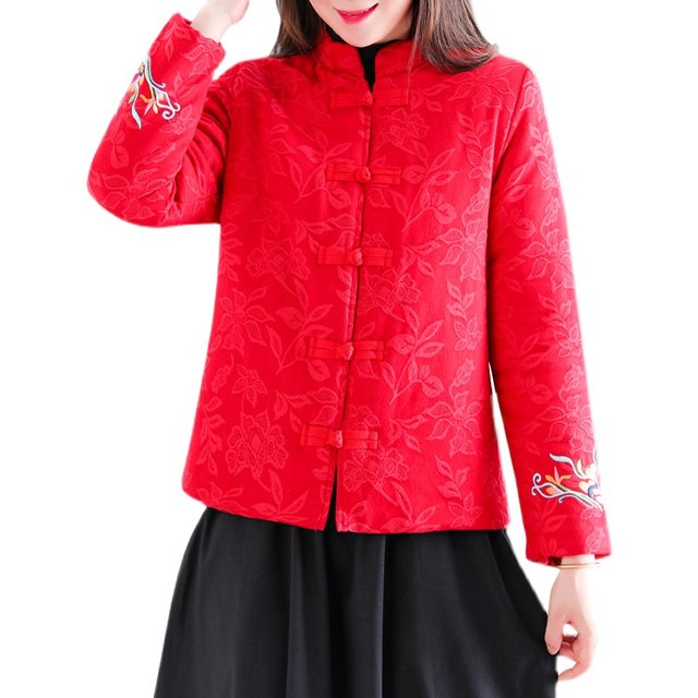 Ethnic style mom cotton and linen embroidered flower padded jacket top for women autumn and winter retro buckle Tang suit cotton coat thickened short jacket