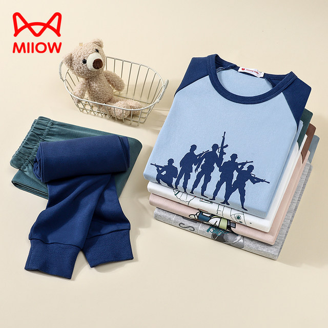 Cat man boy autumn clothes and autumn pants children's underwear set pure cotton teen big children's cotton sweater boy's thread pants