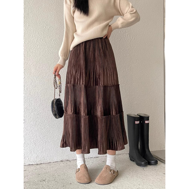 Gold velvet skirt for women with large size fat mm autumn and winter high waist slim A-line skirt with hips and cake skirt mid-length skirt