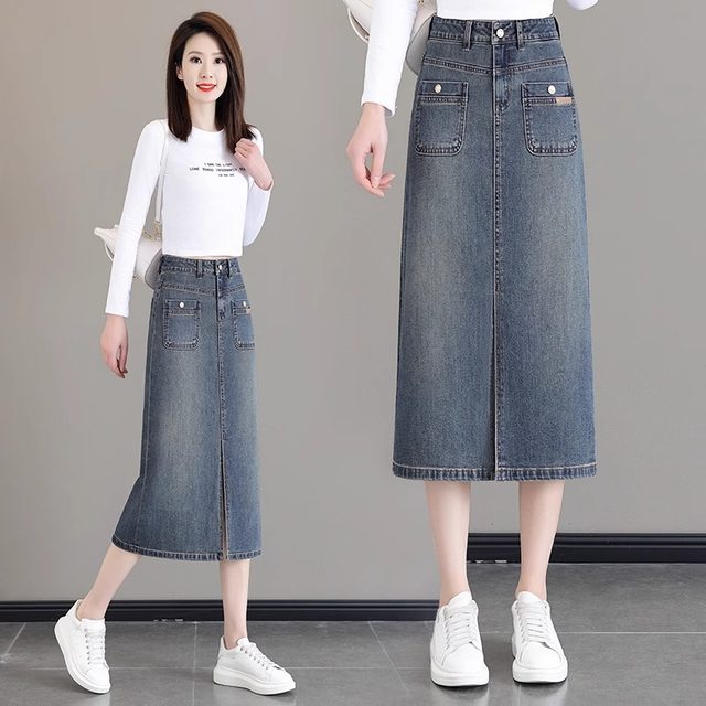 Denim skirt for women in spring and autumn 2025 new high waist slit one-step skirt retro mid-length A-line hip-pack skirt