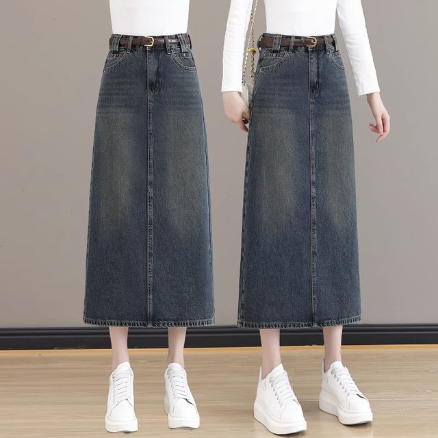 Retro denim long skirt for women spring and autumn 2025 new high-waist drape A-line skirt covering the crotch and slimming straight skirt