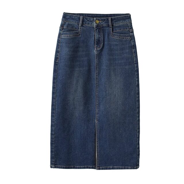 Retro blue denim skirt for women in spring and autumn 2025 new high-waisted slim A-line mid-length skirt with slit hip-pack skirt