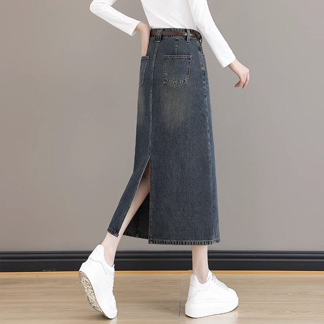Retro denim long skirt for women spring and autumn 2025 new high-waist drape A-line skirt covering the crotch and slimming straight skirt