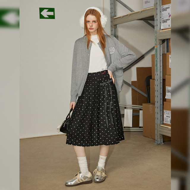 UNIFREE mesh spliced ​​polka dot Berkeley skirt ballet style asymmetric design mid-length pleated skirt