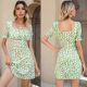 New type of waist short -sleeved floral skirt square collar temperament green dress Square Next Floral Dress