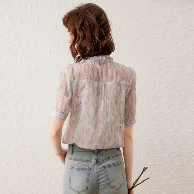 White Deer Yu Wood Earrings Round Collar Shirt Summer Temperature Printed Beaded Ruffle Puff Short Sleeve Women's Shirt