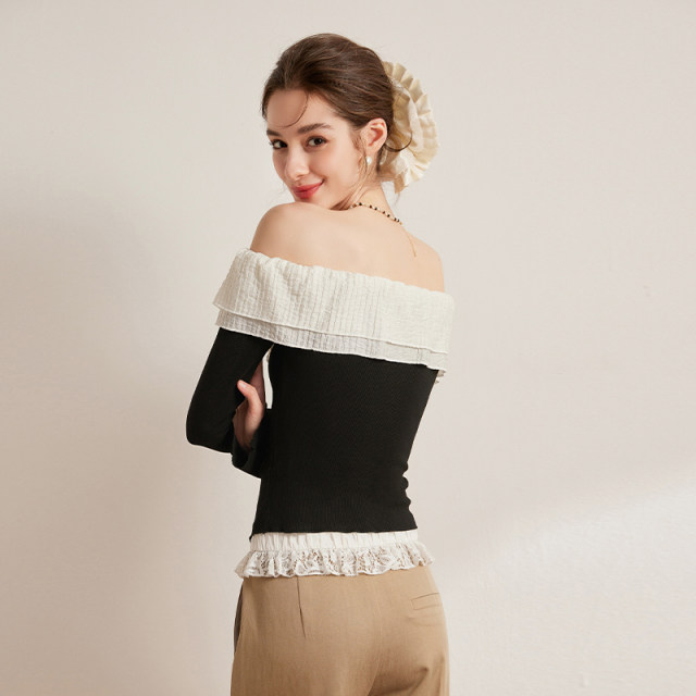 White Deer Amazing Wooden Ear, Shoulder Shirt 2025 Spring New Temperament Slim Slim Strang Long Sleeping Shirt Female
