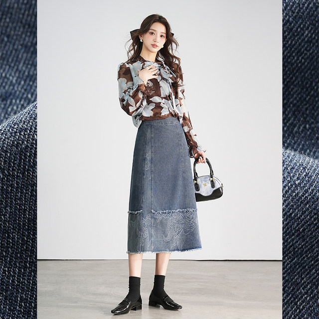 Bailuyu jacquard spliced ​​denim skirt 2025 spring new mid-length high-waisted slim Chinese style A-line skirt