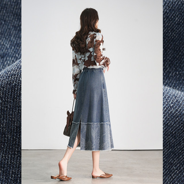 Bailuyu jacquard spliced ​​denim skirt 2025 spring new mid-length high-waisted slim Chinese style A-line skirt