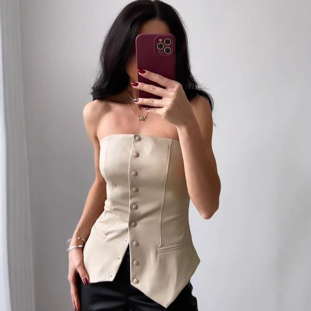 European and American style women's PU leather strap sexy backless one-length tight-fitting ladies' small breast wrap vest
