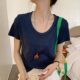 
La Chapelle green V-neck loose short-sleeved T-shirt for women 2025 summer new unique super good-looking base top
