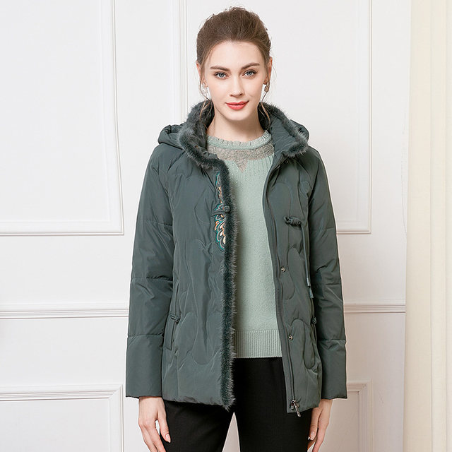 Enjoyable Mother's Down Jacket Hooded Embroidered Chinese Style Stand Collar Tang Suit Jacket Western Style Middle-aged and Elderly Women's Clothing
