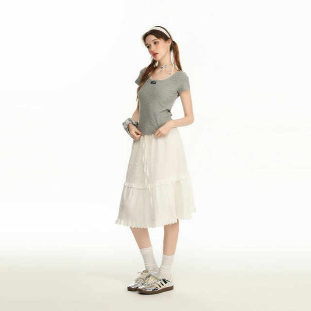 CyNi gentle style versatile white spliced ​​cake skirt long skirt skirt women's design sense French high waist slim o