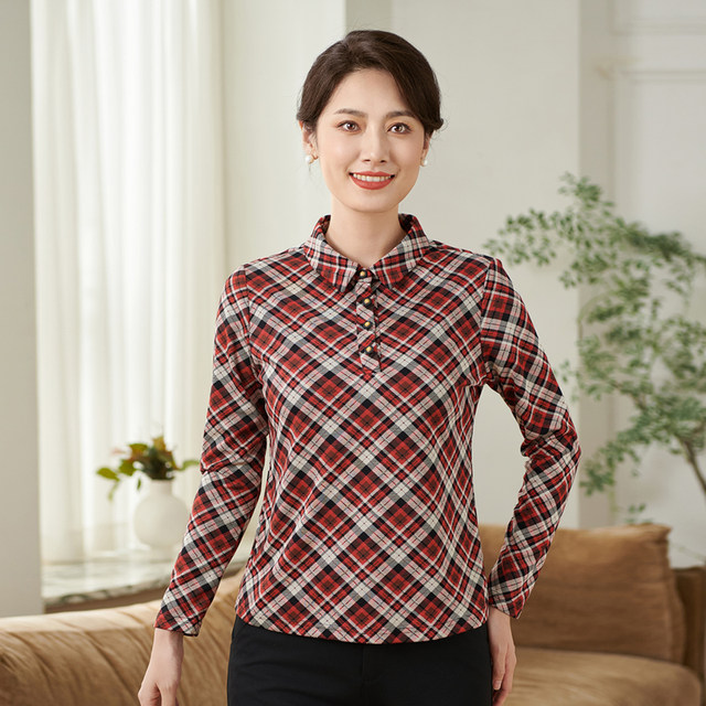 Xiangmulan 2025 spring and autumn new mesh long-sleeved printed shirt, versatile middle-aged temperament POLO collar shirt for women