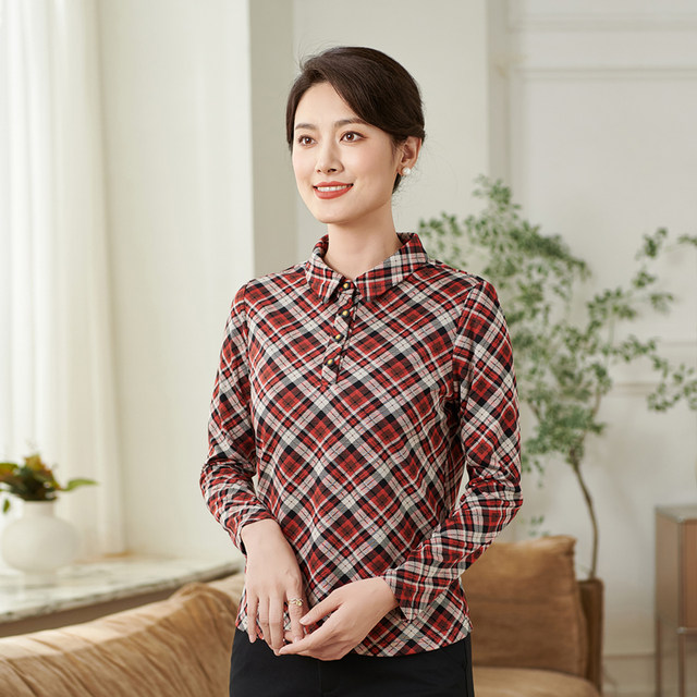 Xiangmulan 2025 spring and autumn new mesh long-sleeved printed shirt, versatile middle-aged temperament POLO collar shirt for women