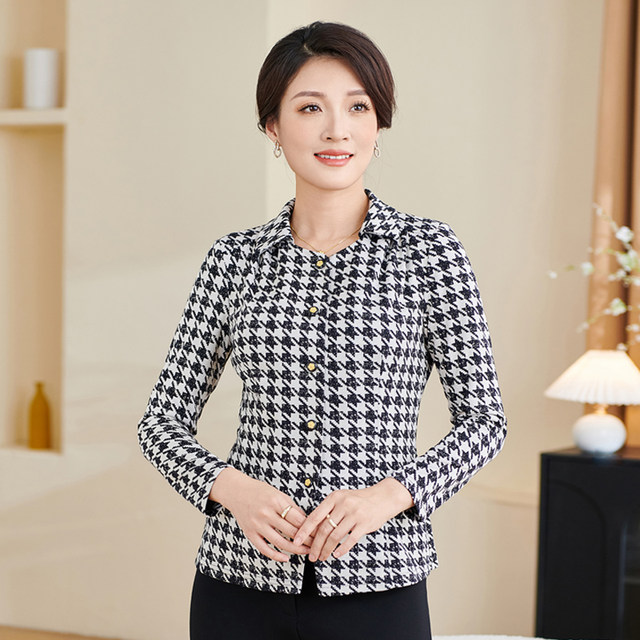 Xiangmulan 2025 autumn and winter houndstooth long-sleeved shirt jacket temperament lapel mother's wear large size slim shirt