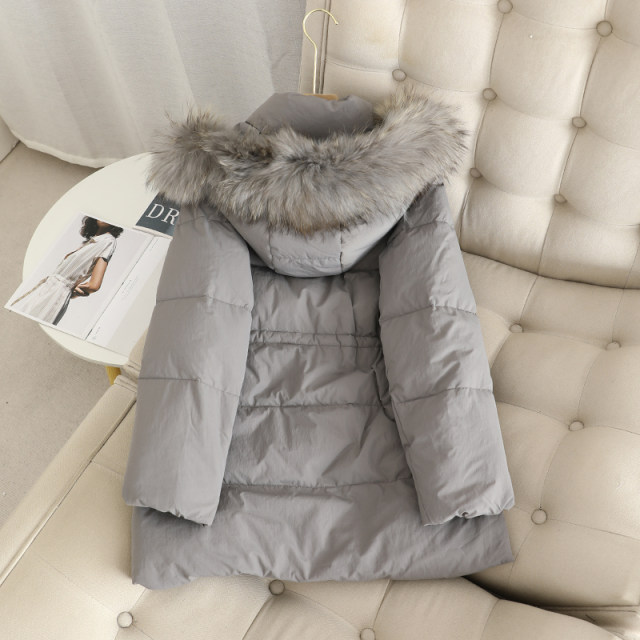 Lemon + white goose down! Fashionable and versatile big fur collar hooded simple waisted mid-length down jacket for women in winter
