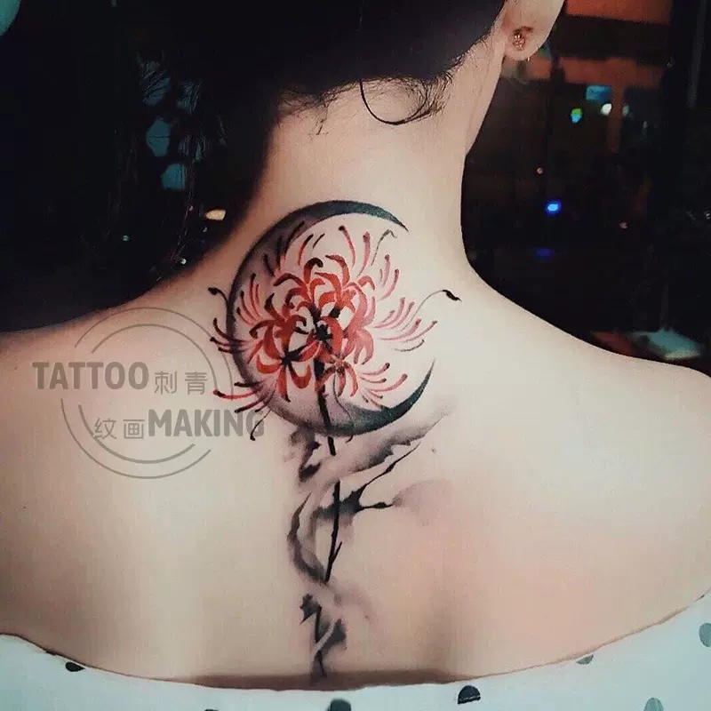 新款 纹身贴彼岸花月亮中国水墨风后背脖子女男暗黑系防水