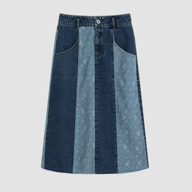 Boiling Spring and Autumn New Products Shopping Mall same style gradually dyed knitted jacquard dark and shallow denim splicing skirt
