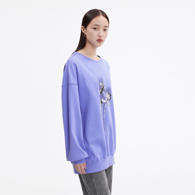 Spring new loose and versatile casual relaxed shoulder flower printed sweatshirt
