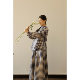 Retelling unrestrained comfort, light linen, colored blue medium plaid small stand collar long sleeve plaid pullover
