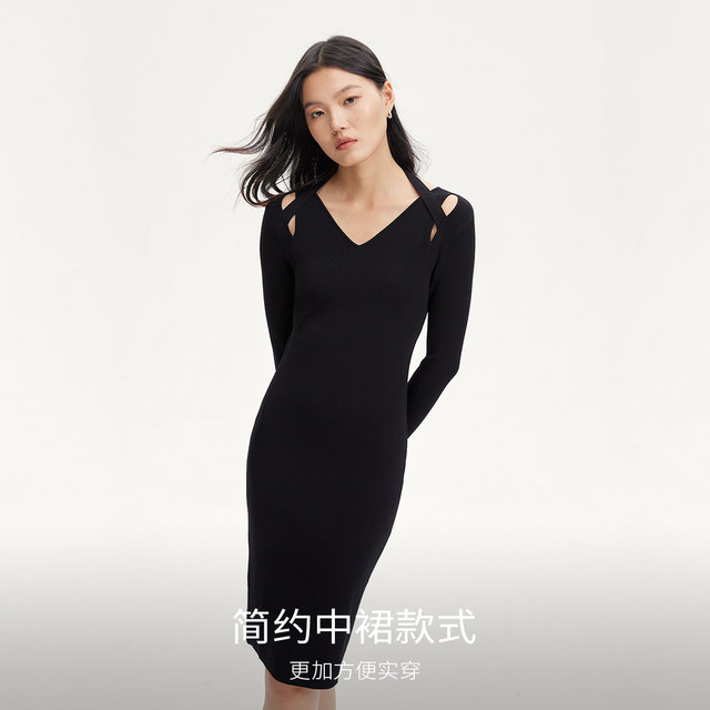 Vero Moda Outlet Knitted Dress Fall New V-neck Halves Neck Shoulder Hollow Slim Elegant Trendy