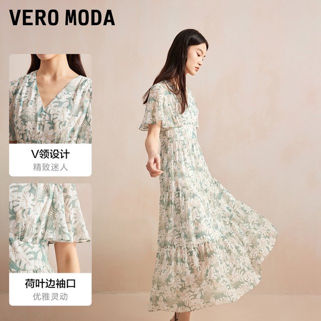 Vero Moda Outlet Dress Summer New V-neck Print Chiffon High-waisted Slim Temperament Vacation Style Short Sleeves