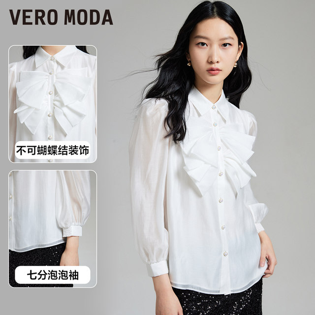Vero Moda Outlet shirt for women in spring and summer new H-style bow slightly transparent seven-point puff sleeve sweet top