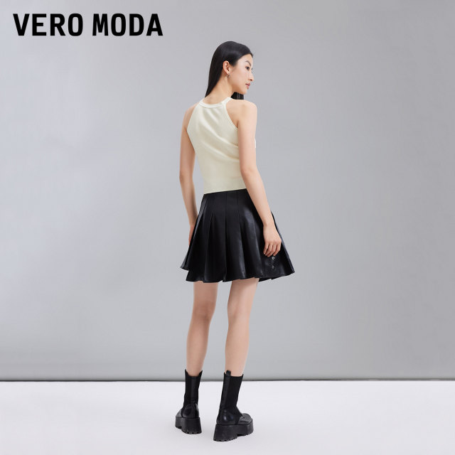Vero Moda Outlet Skirt New Fashionable High Street PU pleated A-line high-waisted temperament short skirt is popular