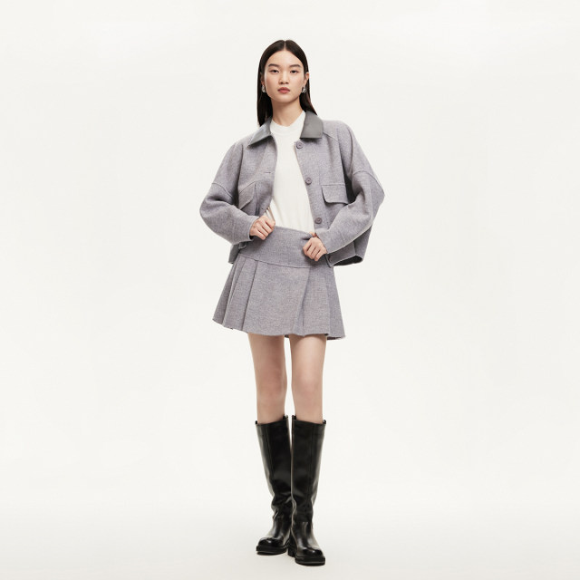 Vero Moda Outlet Woolen Jacket Women's 24 New Winter Spliced ​​PU Collar Bat Sleeve Top 324427001
