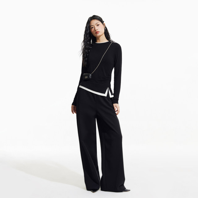 Vero Moda Outlet T-shirt for women 2025 early spring new style spliced ​​fake two-piece pleated long-sleeved versatile slim bodywear
