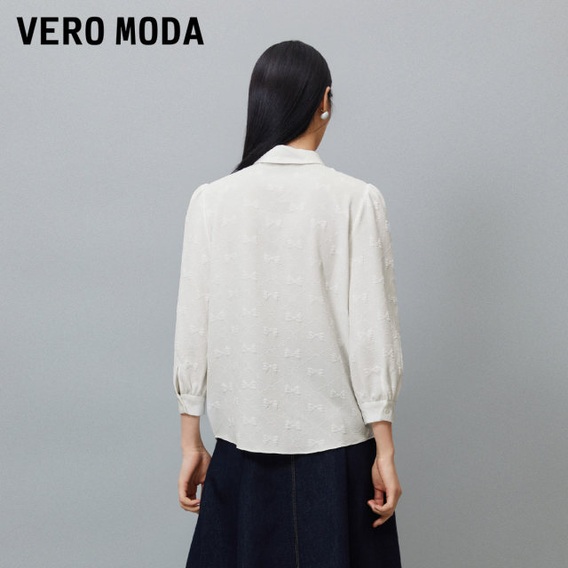 Vero Moda Outlet shirt for women spring and summer new bow ribbon seven-point puff sleeve commuting temperament top
