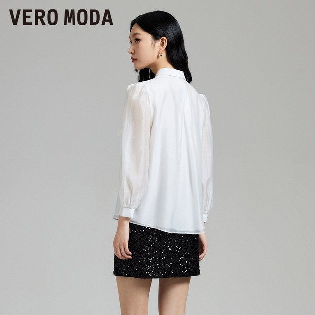 Vero Moda Outlet shirt for women in spring and summer new H-style bow slightly transparent seven-point puff sleeve sweet top