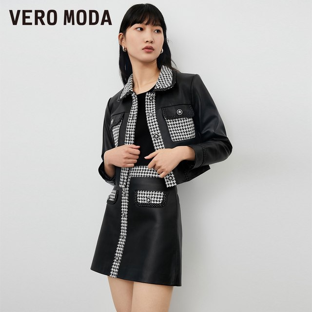 Vero Moda Outlet Skirt for Women in Summer New Houndstooth Check Spliced ​​Short Sheepskin Short Skirt for Versatile