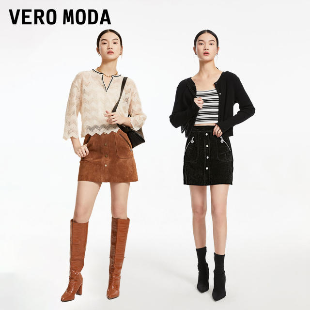 Vero Moda Outlet Skirt for Women in Summer New High-waist A-line Pig Layer Leather Commuter Vertical Skirt is popular