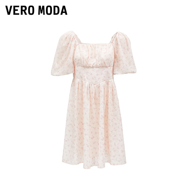 Vero Moda Outlet Dress Summer New Lace Puff Sleeve Square Collar Floral Short Sleeve A-line Waist Skirt