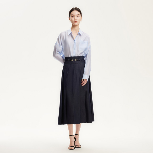 Vero Moda skirt 2025 summer new mall same original color denim pleated long skirt 325137011