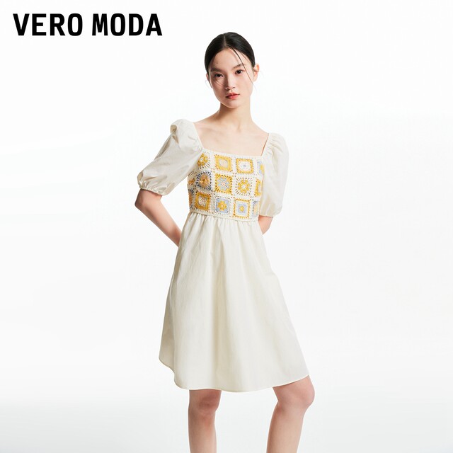 Vero Moda Outlet Dress Summer New Knitted Hollow Spliced ​​Puff Sleeve Square Collar Vacation Style Skirt
