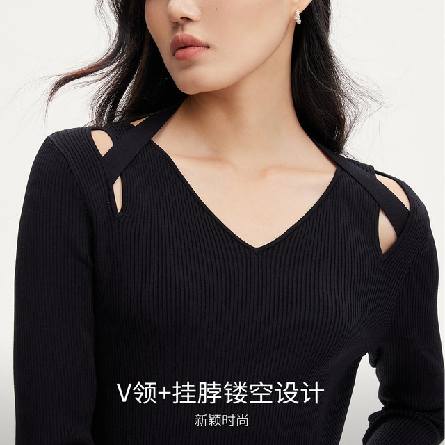 Vero Moda Outlet Knitted Dress Fall New V-neck Halves Neck Shoulder Hollow Slim Elegant Trendy