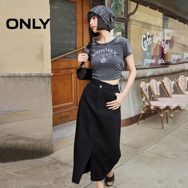 ONLY Outlet 2025 summer new fashionable and versatile slit high waist mid-length skirt denim skirt women

