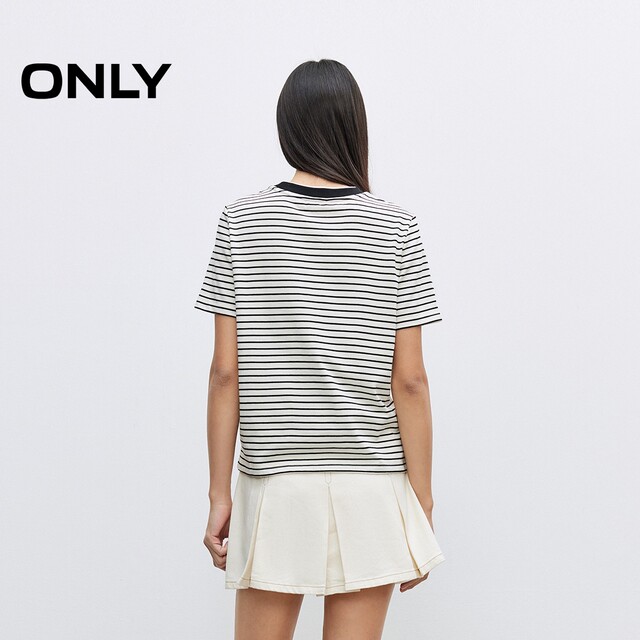 ONLY2025 summer new style chest letter LOGO design front shoulder double-layer round neck striped short-sleeved T-shirt for women