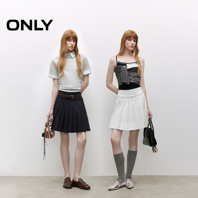 ONLY2025 summer new style college style solid color A-line texture embroidered pleated skirt high waist short skirt skirt women