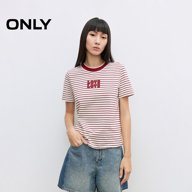 ONLY2025 summer new style chest letter LOGO design front shoulder double-layer round neck striped short-sleeved T-shirt for women