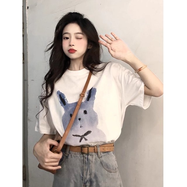 Pure cotton short-sleeved T-shirt for women in summer 2025 new American retro tie-dye printed loose black round neck top ins

