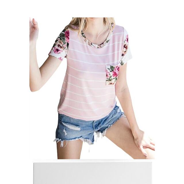 Self-operated 7th ray pink floral striped pocket t-shirt - pink straight hair
