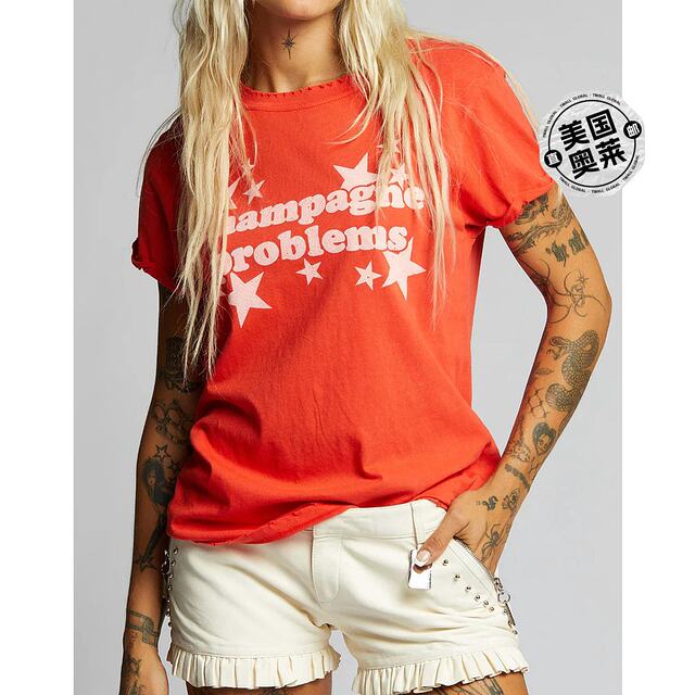 Self-operated recycled karma champagne color Probs pattern T-shirt (red) - red [Beautiful