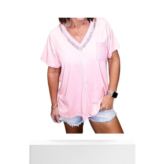 Self-operated pol pink pocket T-shirt - pink straight hair