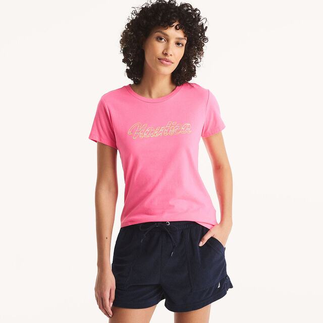 Self-operated Nautica Women's Logo Aluminum Foil Pattern T-Shirt - Stunning Pink 16-2130 [USA
