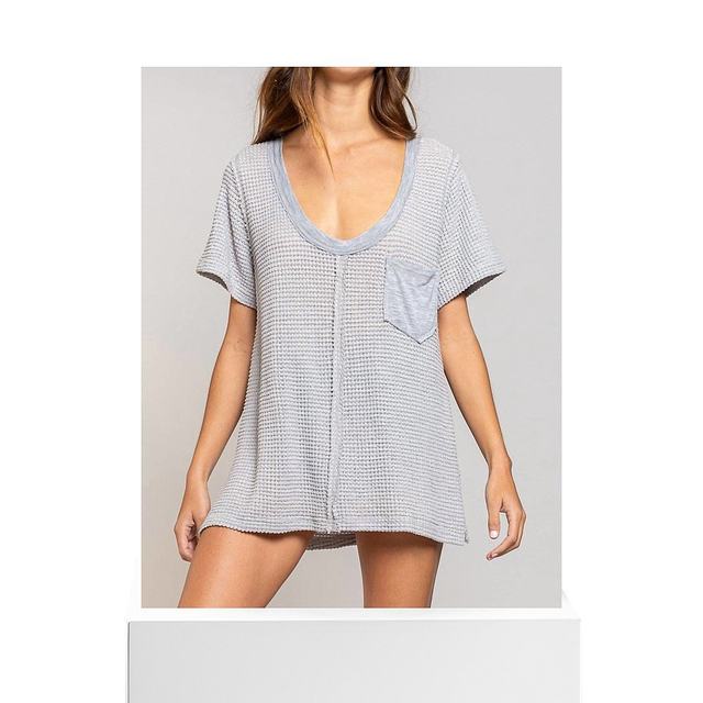 Self-operated pol grey waffle pocket t-shirt - grey straight hair