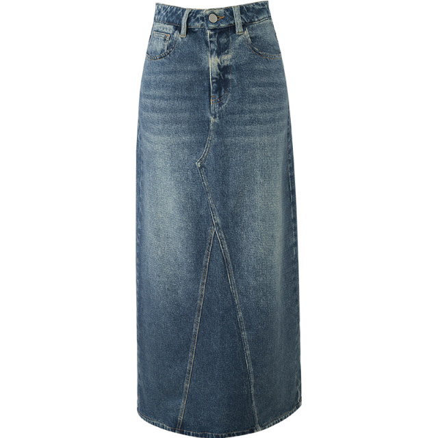 Yalida cold transfer spliced ​​retro denim skirt for women 24 autumn and winter long skirt design sense white high waist skirt